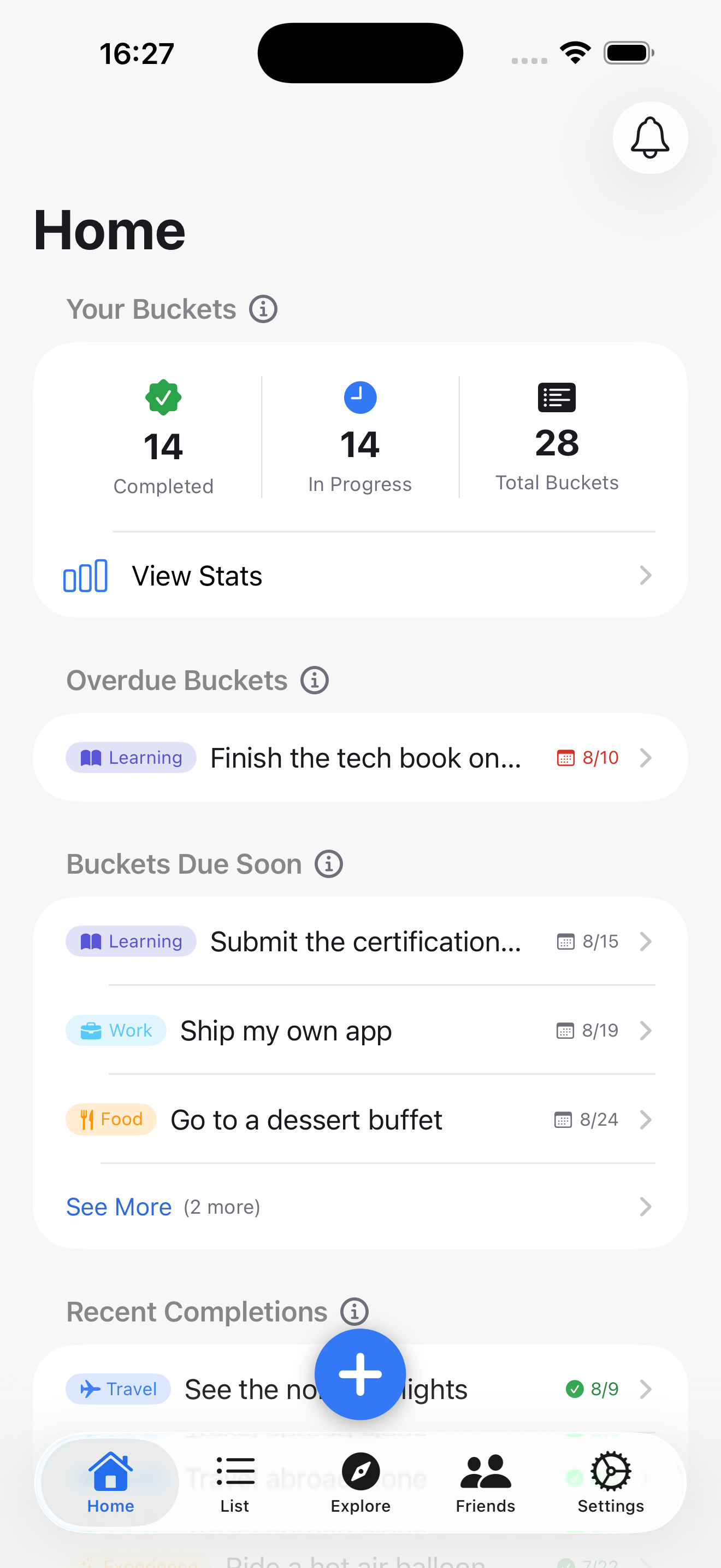 Home screen showing approaching bucket-list items and recent achievements