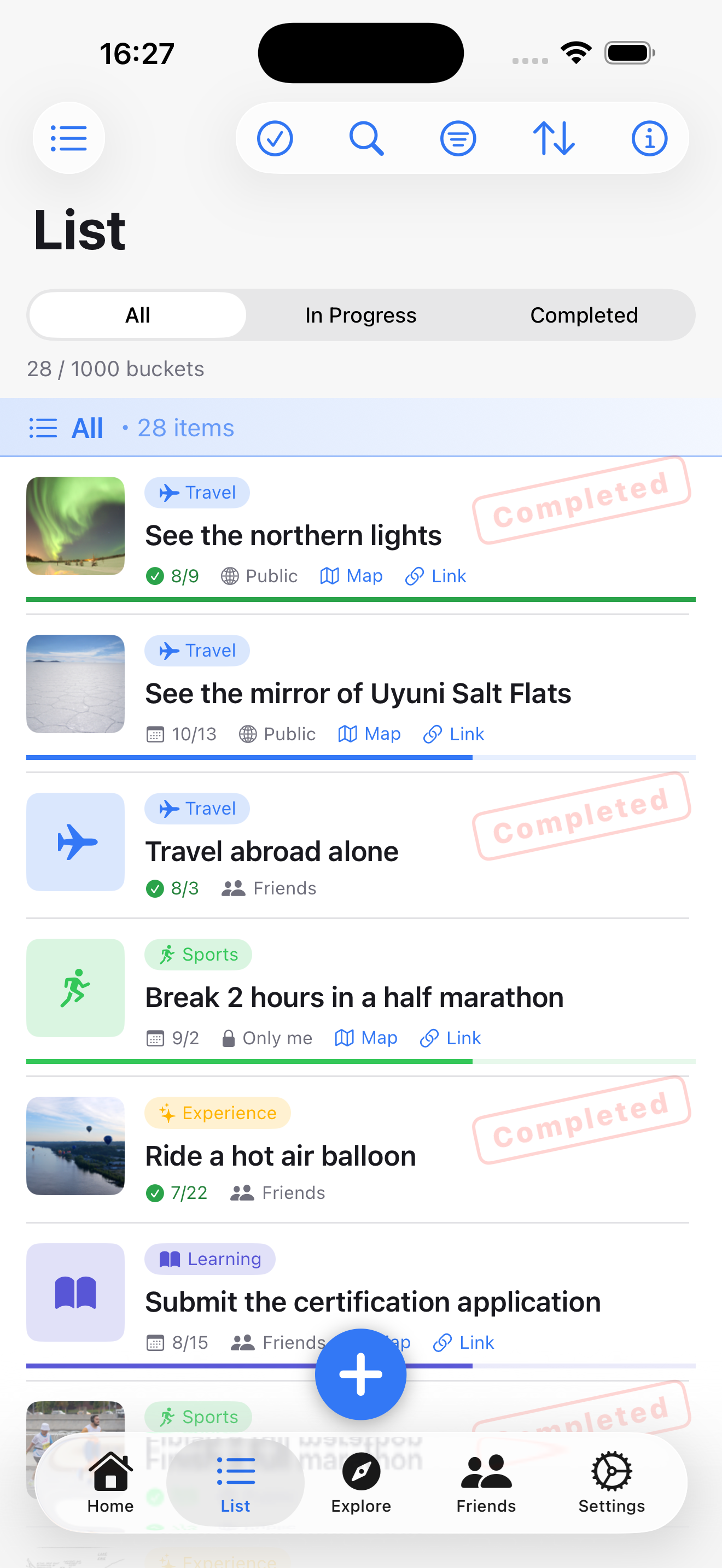List screen organising bucket-list items with categories, due dates and progress
